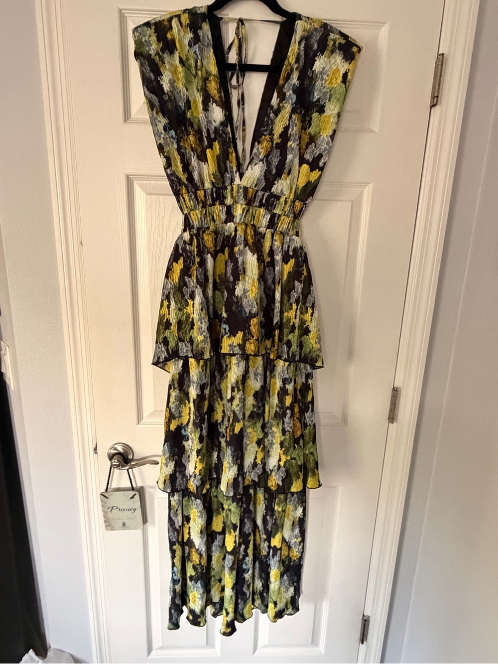 Vici Multicolor Brushstroke Tiered Maxi Dress with tie back